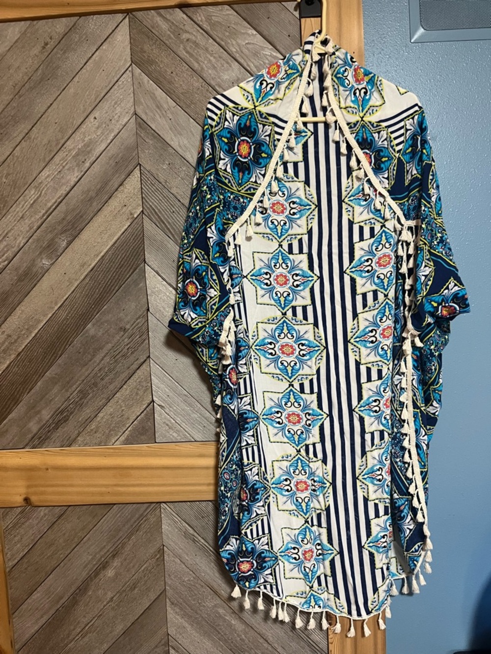 Boho Print Tassel Kimono - Blue & White